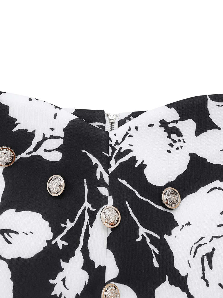 2PCS Chemisier à revers noir et jupe fleurie années 1950