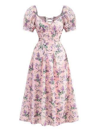Robe rose imprimé lavande col en cœur manches bouffantes des années 1940