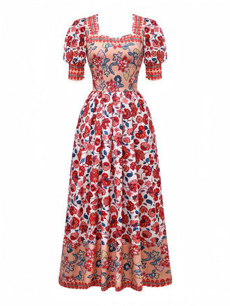 2PCS Haut manches lanternes et jupe froncée imprimé floral rouge des années 1930