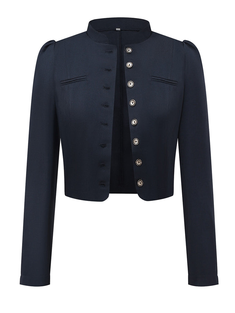 Veste noire à manches longues et col montant années 1950