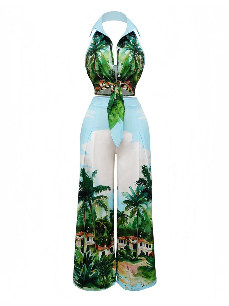 2PCS Haut licou et pantalon style tropical années 1950