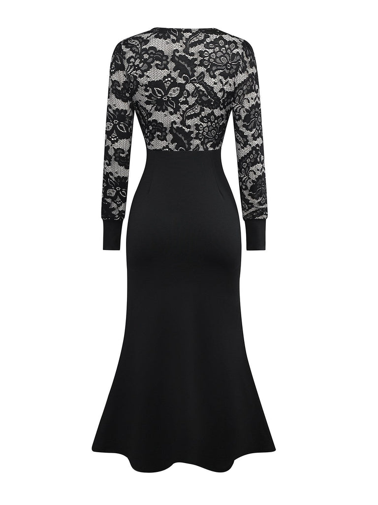 Robe sirène noire en dentelle florale col en V des années 1930