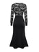 Robe sirène noire en dentelle florale col en V des années 1930
