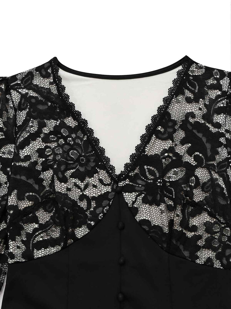 Robe sirène noire en dentelle florale col en V des années 1930
