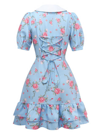 Robe roses courte manches bouffantes col chelsea des années 1960
