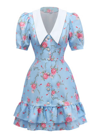 Robe roses courte manches bouffantes col chelsea des années 1960