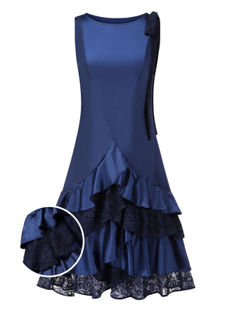 [Prévente] Robe bleu foncé satin à volants en dentelle années 1920