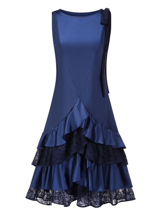[Prévente] Robe bleu foncé satin à volants en dentelle années 1920