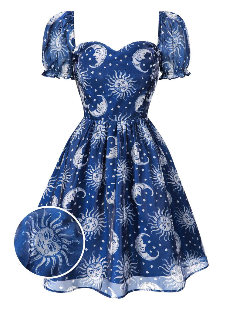 [Pré-vente] Robe bleue en maille col en cœur imprimée soleil lune et étoiles années 50