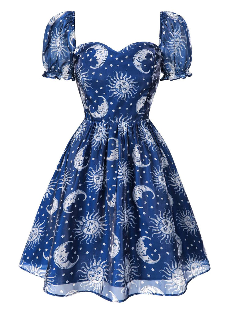 [Pré-vente] Robe bleue en maille col en cœur imprimée soleil lune et étoiles années 50