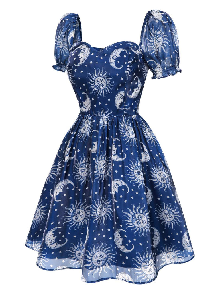 [Pré-vente] Robe bleue en maille col en cœur imprimée soleil lune et étoiles années 50