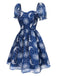 [Pré-vente] Robe bleue en maille col en cœur imprimée soleil lune et étoiles années 50