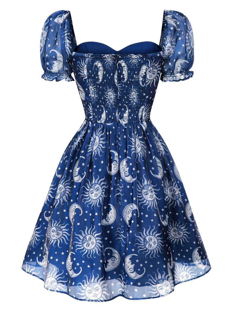 [Pré-vente] Robe bleue en maille col en cœur imprimée soleil lune et étoiles années 50