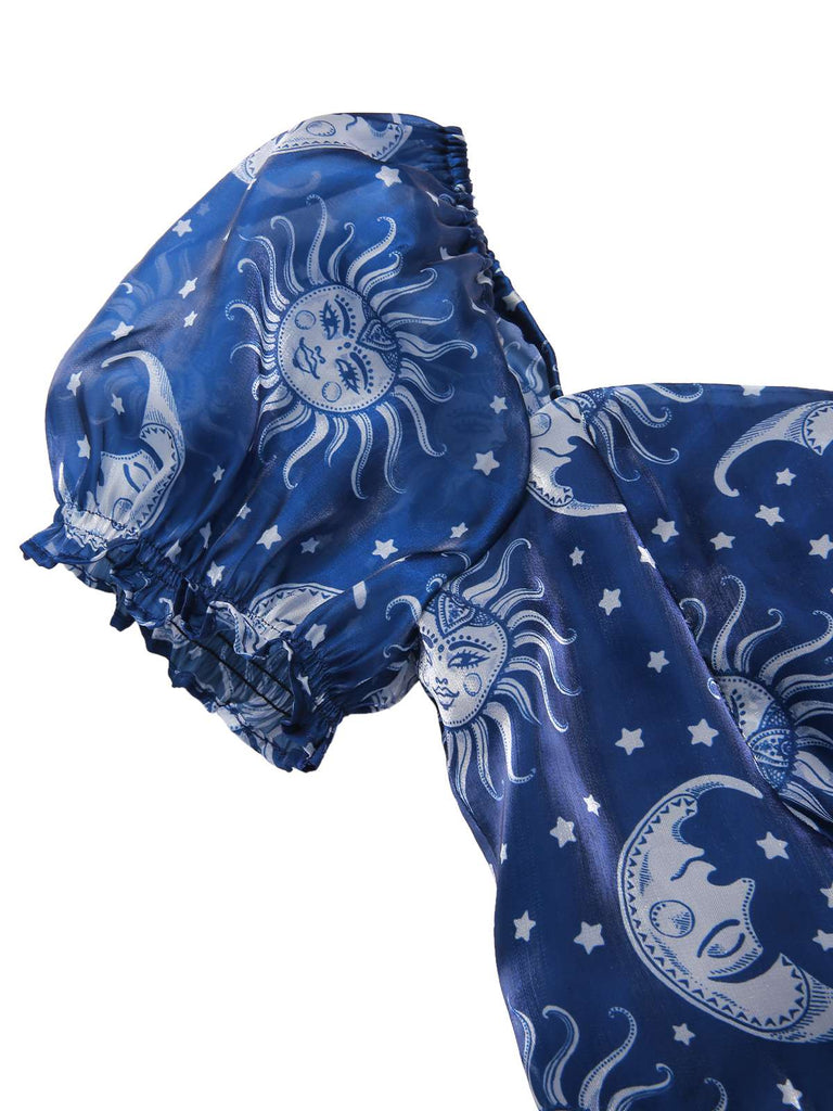 [Pré-vente] Robe bleue en maille col en cœur imprimée soleil lune et étoiles années 50