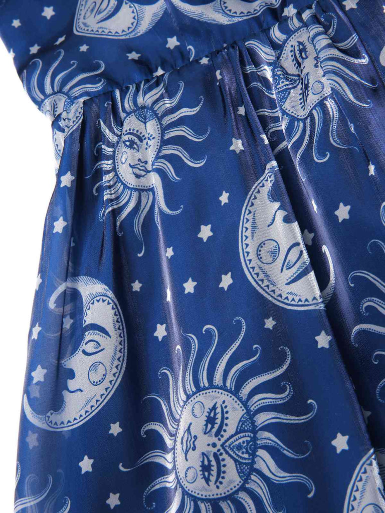 [Pré-vente] Robe bleue en maille col en cœur imprimée soleil lune et étoiles années 50