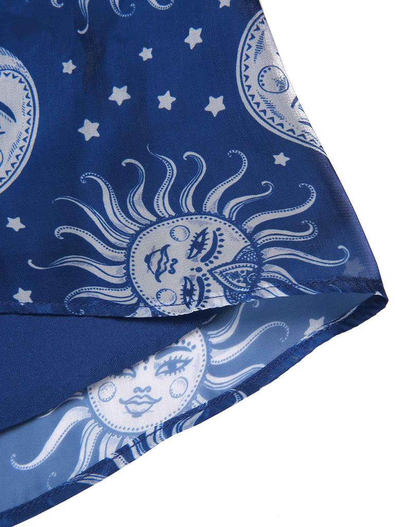 [Pré-vente] Robe bleue en maille col en cœur imprimée soleil lune et étoiles années 50