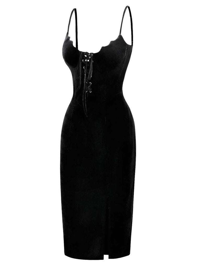 [Prévente] Robe noire en velours à col chauve-souris années 1960