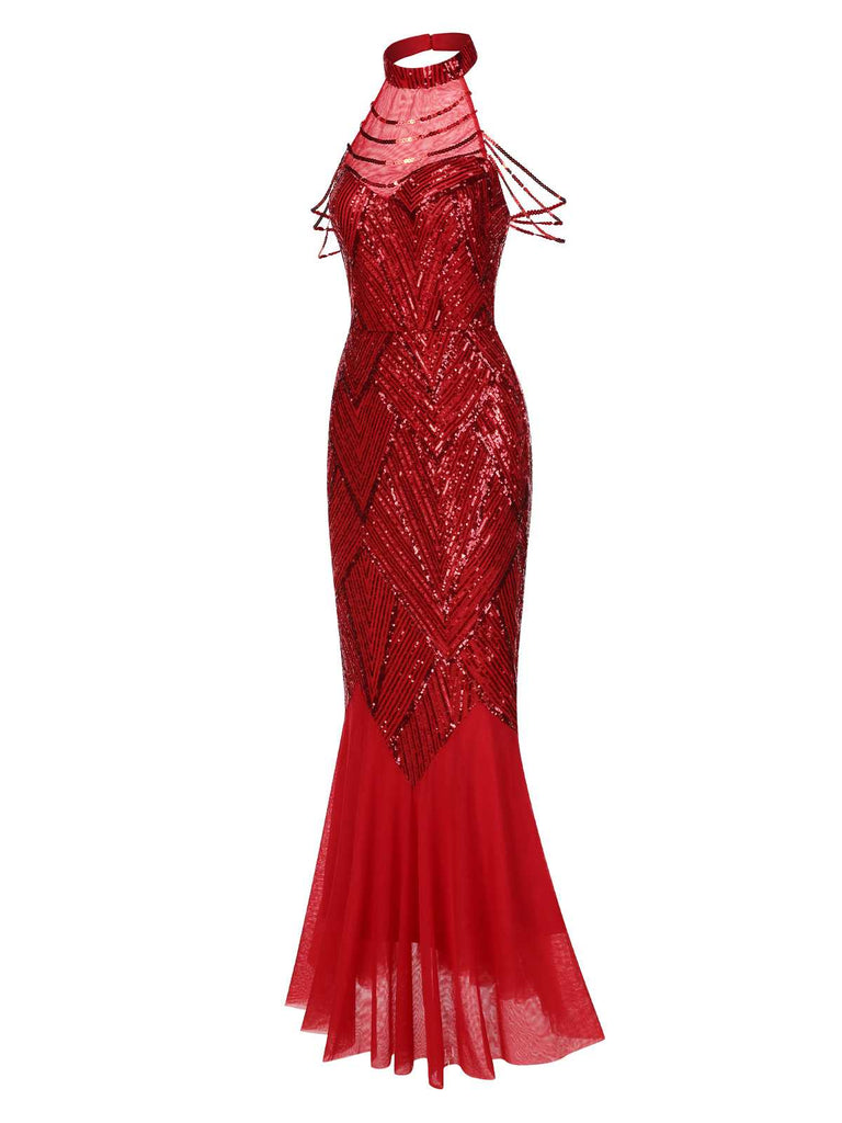 [Prévente] Robe longue rouge à paillettes et perles années 1920