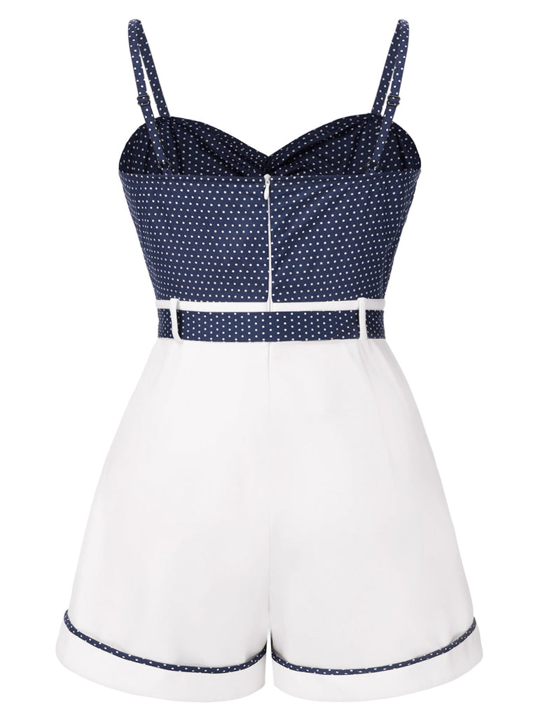 [Prévente] [Grande taille] Combishort bleu à bretelles en patchwork à pois des années 1940