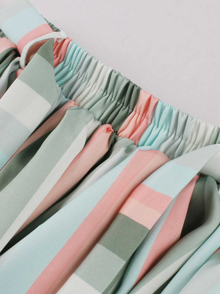 Jupe rayée colorée à nœud gris-vert des années 1950