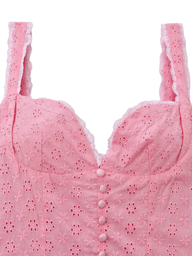 Robe rose broderies florales style princesse des années 1950