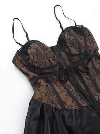 2PCS Robe noire cache-cœur et bouffante en dentelle années 1960