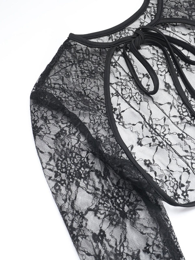 2PCS Robe noire cache-cœur et bouffante en dentelle années 1960