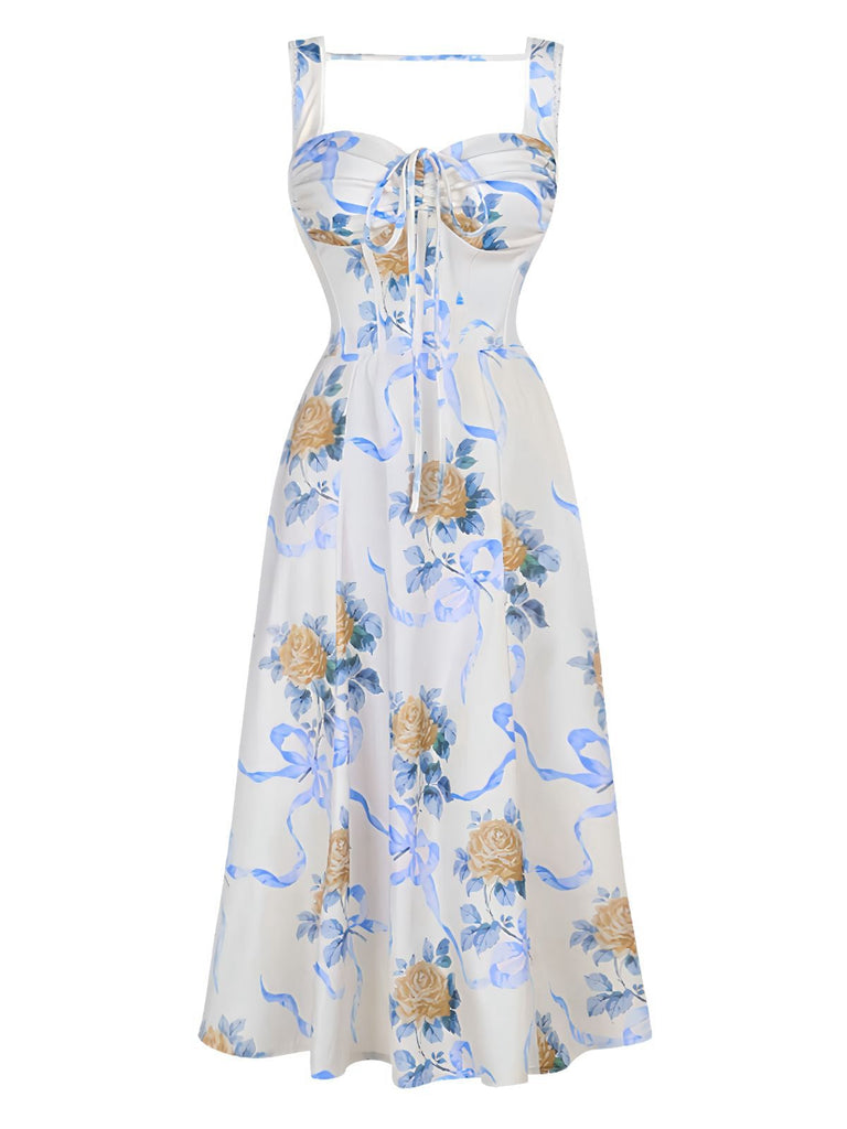 Robe multicolore fleur sans manches à bretelles années 1940
