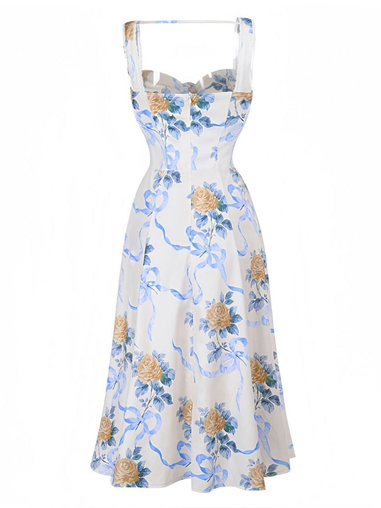 Robe multicolore fleur sans manches à bretelles années 1940