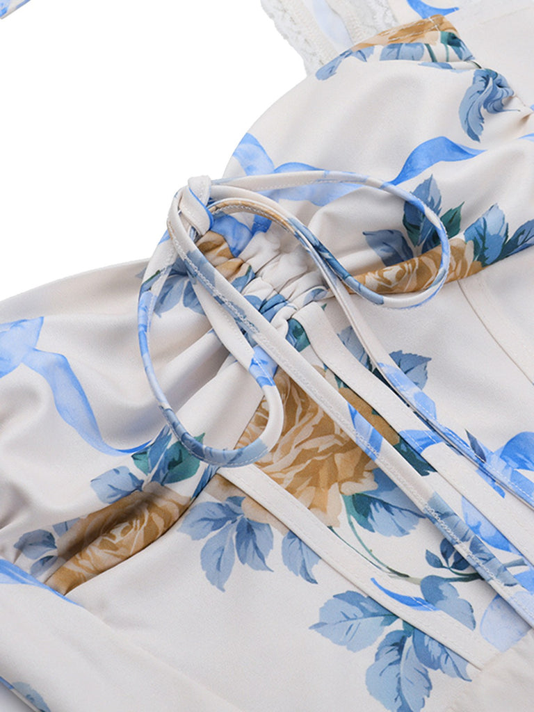 Robe multicolore fleur sans manches à bretelles années 1940