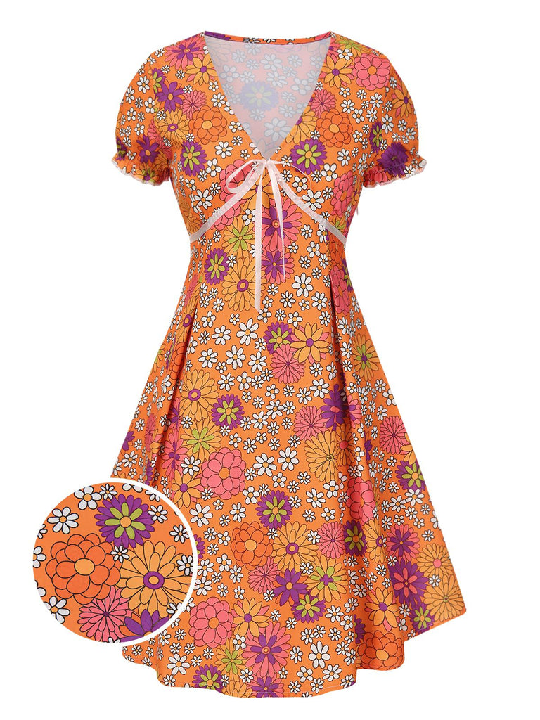 [Prévente] Mini-robe orange à psychédélique et nœud années 1970