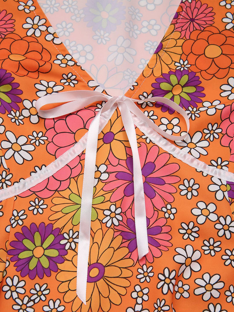 [Prévente] Mini-robe orange à psychédélique et nœud années 1970