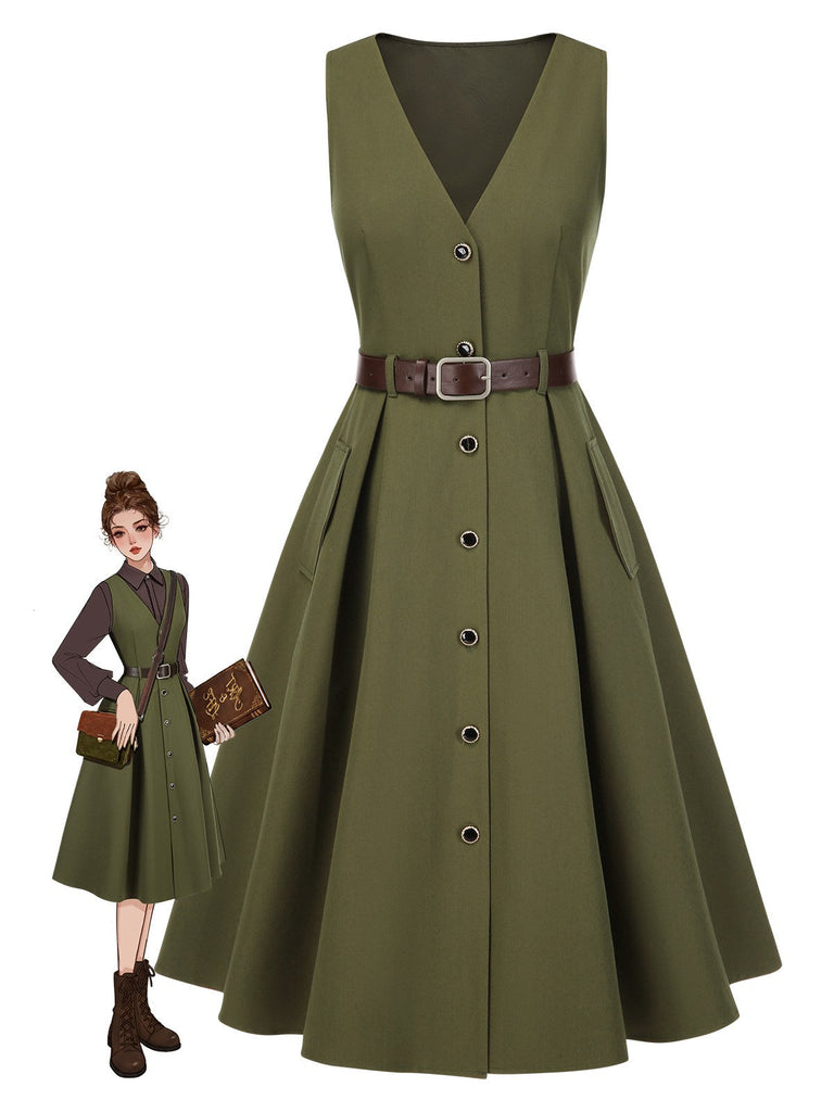 [Pré-vente] Robe gilet verte à col en V et poches ceinturée des années 1950