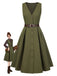 [Pré-vente] Robe gilet verte à col en V et poches ceinturée des années 1950