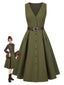 [Pré-vente] Robe gilet verte à col en V et poches ceinturée des années 1950