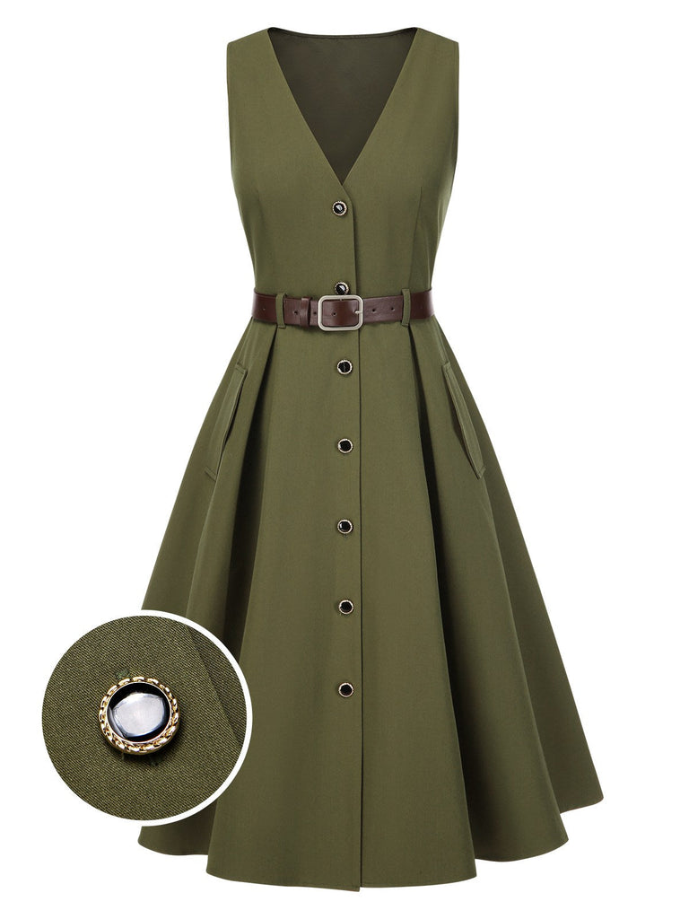 [Pré-vente] Robe gilet verte à col en V et poches ceinturée des années 1950