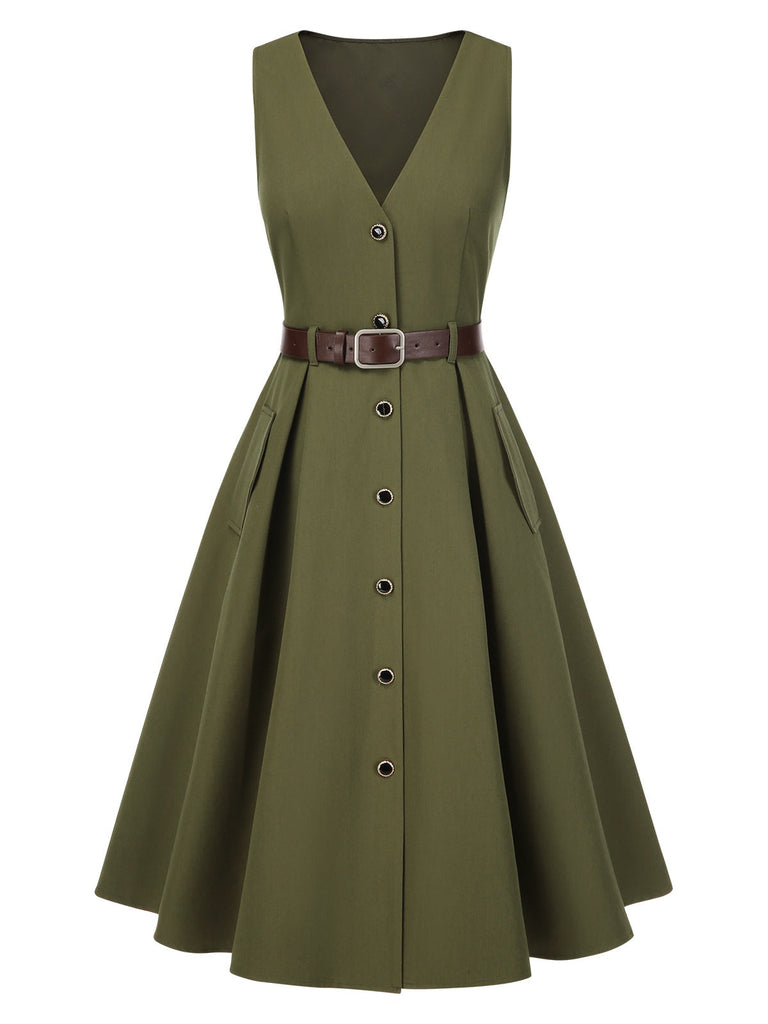 [Pré-vente] Robe gilet verte à col en V et poches ceinturée des années 1950