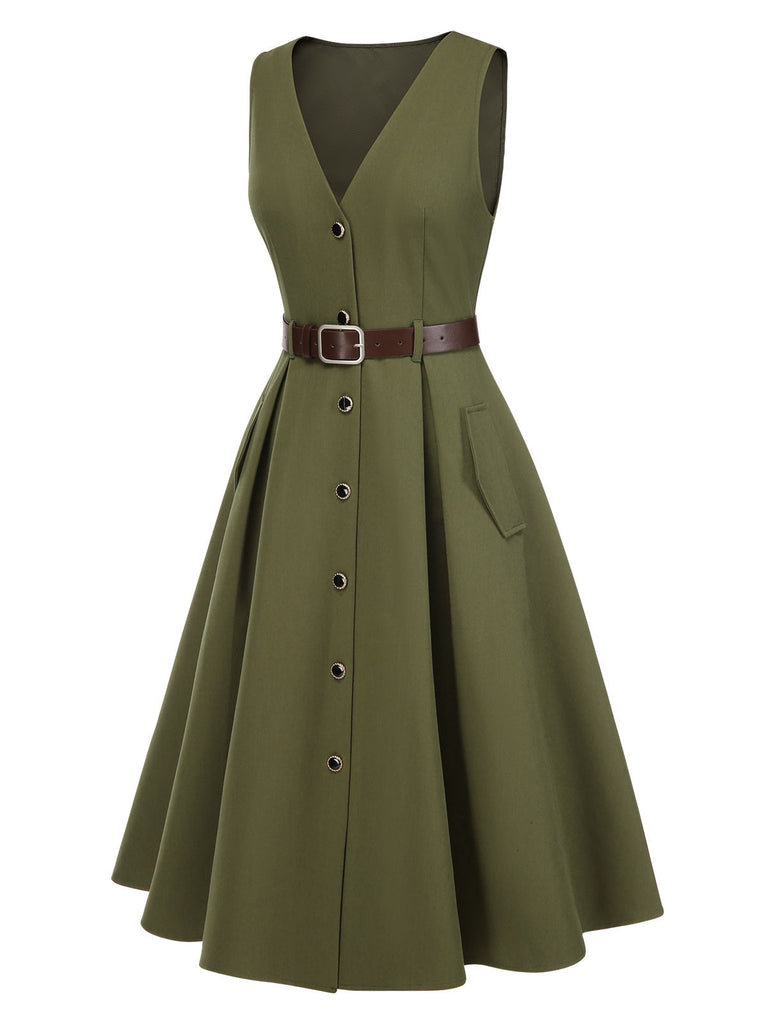 [Pré-vente] Robe gilet verte à col en V et poches ceinturée des années 1950