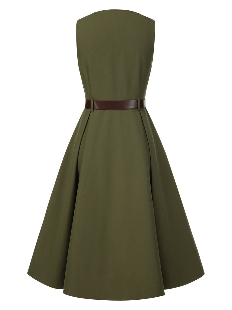 [Pré-vente] Robe gilet verte à col en V et poches ceinturée des années 1950