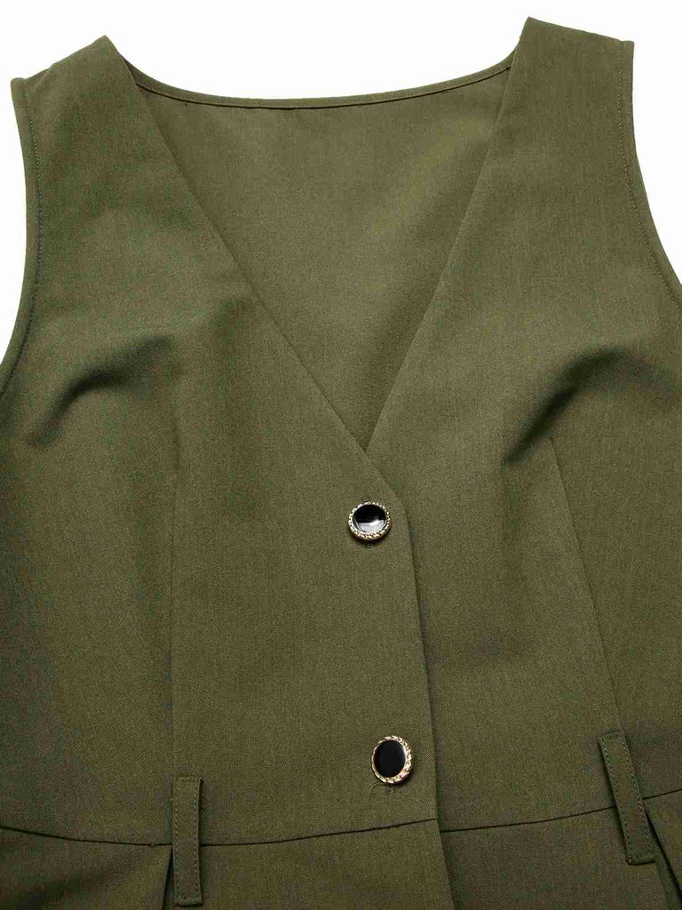 [Pré-vente] Robe gilet verte à col en V et poches ceinturée des années 1950