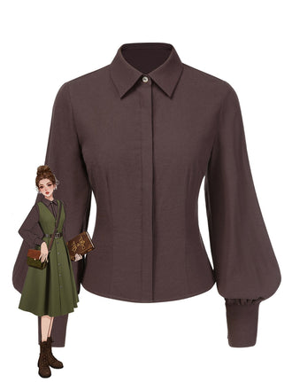 Chemisier marron uni à manches lanternes et revers des années 1950