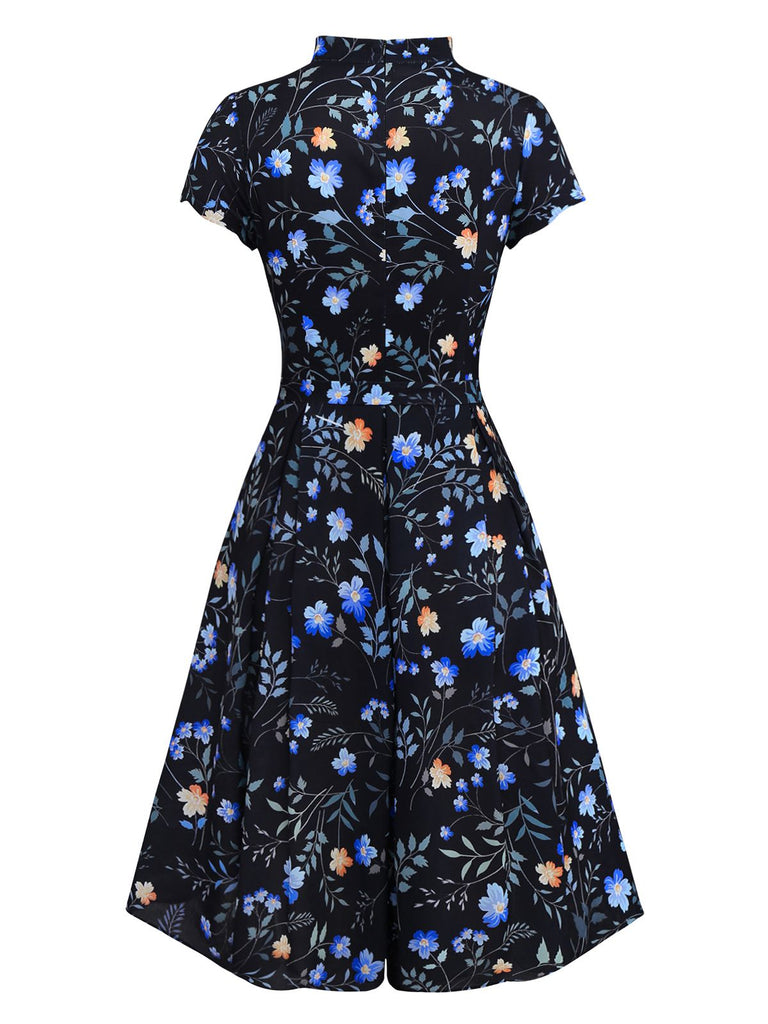 [Prévente] Robe noire à fleurs et col claudine années 1940