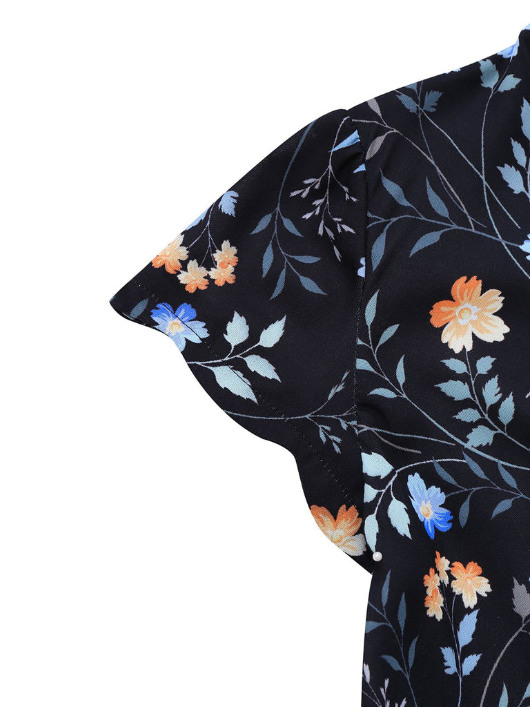 [Prévente] Robe noire à fleurs et col claudine années 1940