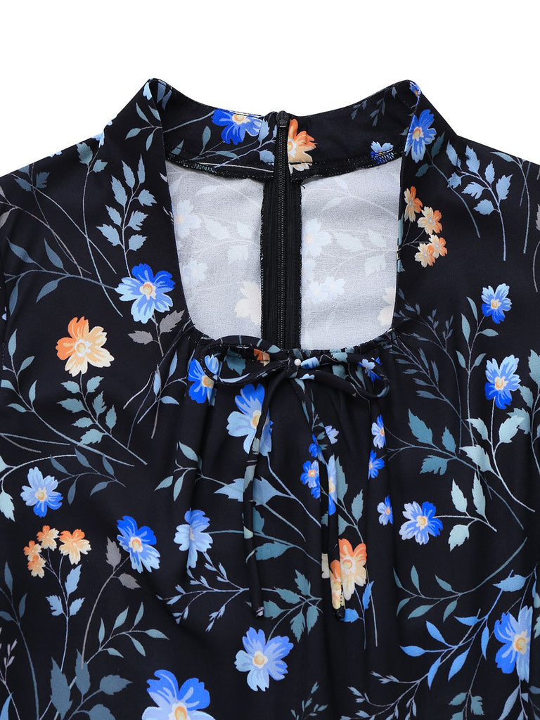 [Prévente] Robe noire à fleurs et col claudine années 1940