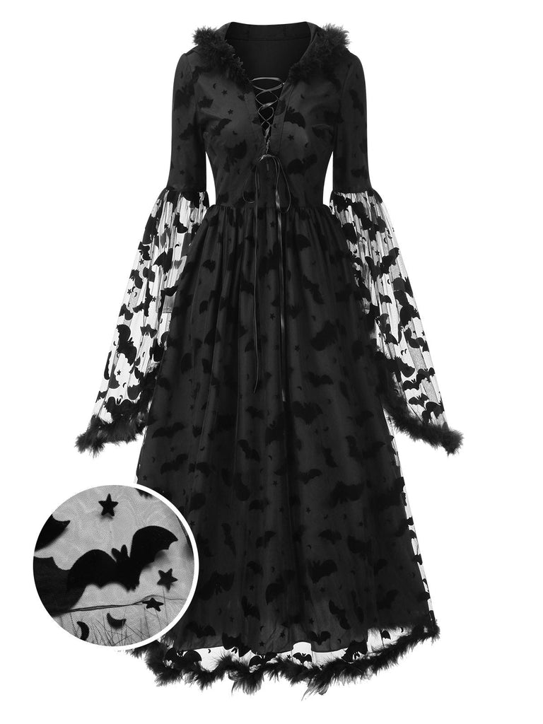 [Prévente] Robe noire à capuche en maille chauve-souris avec ourlet brut des années 1940