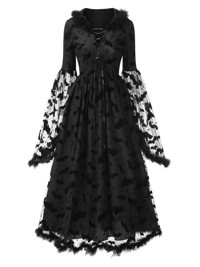 [Prévente] Robe noire à capuche en maille chauve-souris avec ourlet brut des années 1940