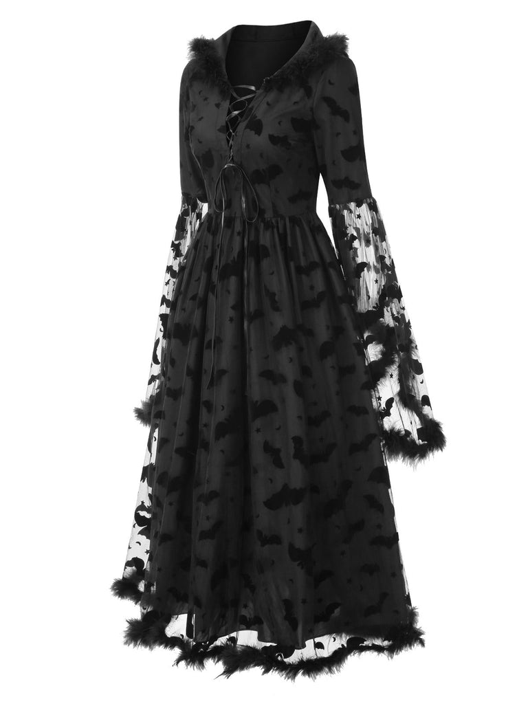 [Prévente] Robe noire à capuche en maille chauve-souris avec ourlet brut des années 1940