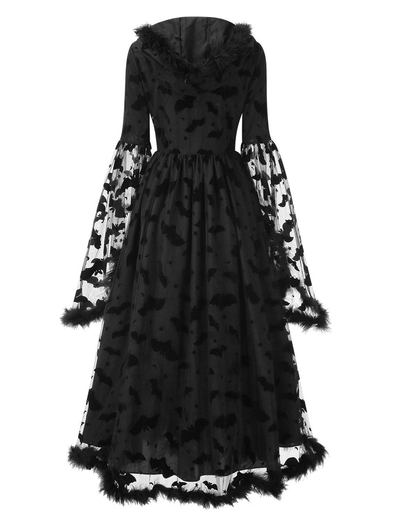 [Prévente] Robe noire à capuche en maille chauve-souris avec ourlet brut des années 1940