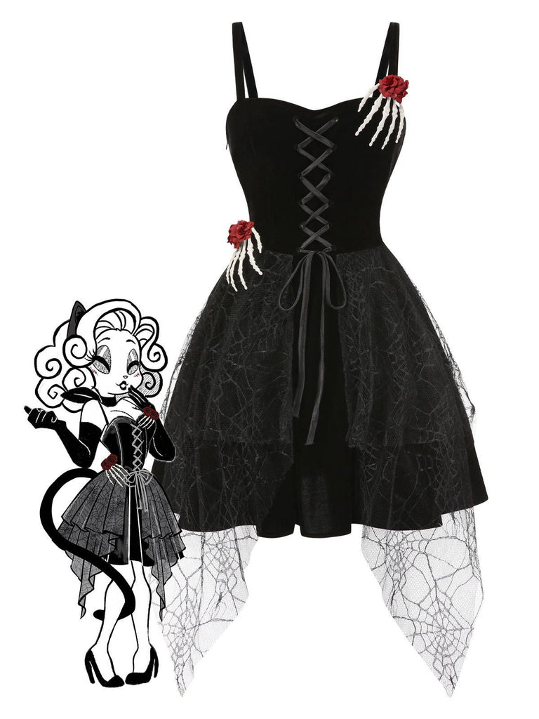 [Prévente] Robe noire d'Halloween avec decor de main de squelette et roses années 1950