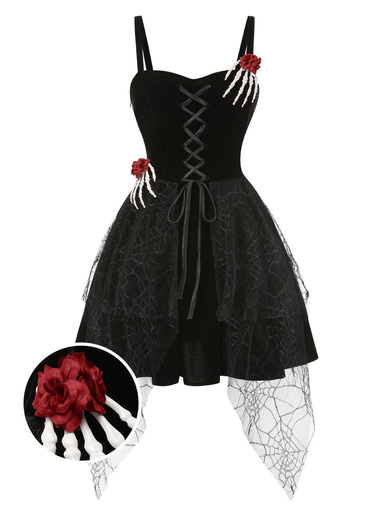 [Prévente] Robe noire d'Halloween avec decor de main de squelette et roses années 1950